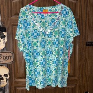 Blue and Green Floral Tie-dye Esque Short Sleeve Top